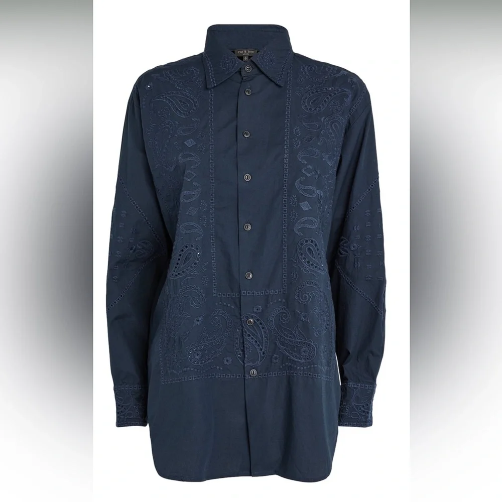 Rag & Bone Vivian Navy Paisley Embroidered Eyelet Button Down Shirt L - Picture 10 of 10